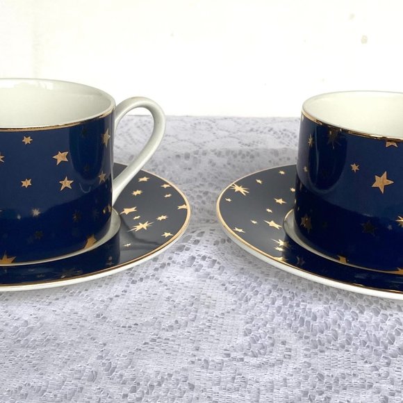 SAKURA Galaxy Blue: Two Sets of Flat Cup & Saucer, 18k Gold Stars & Trim - Picture 1 of 7